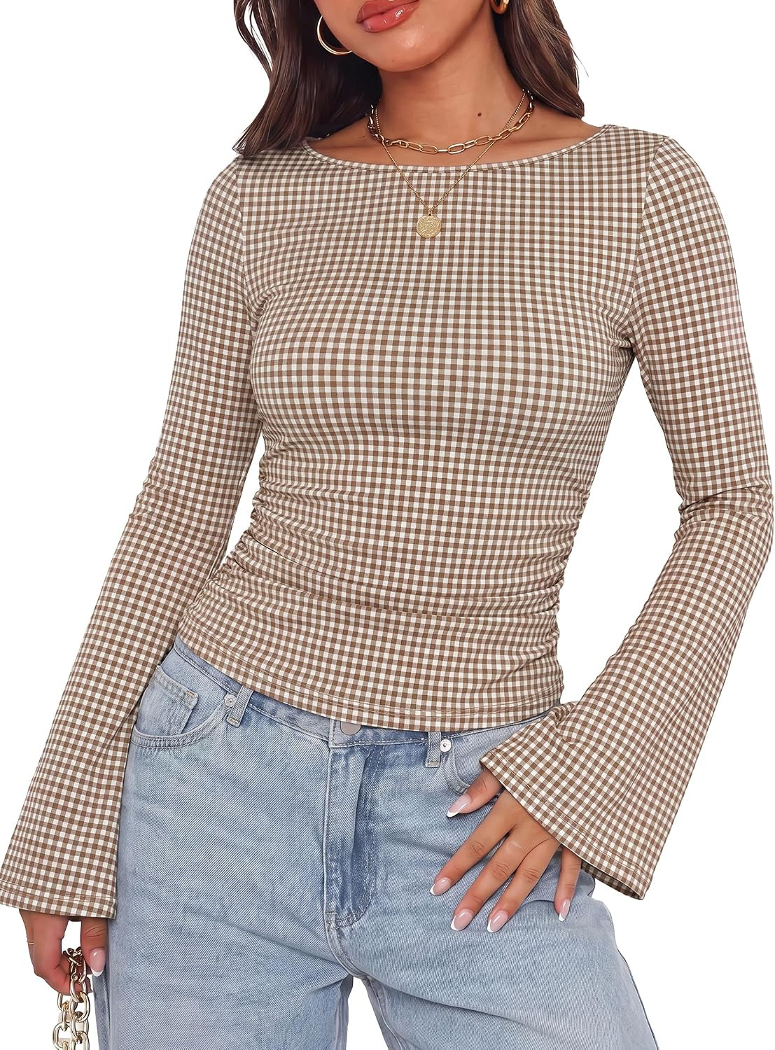 WIHOLL Bell Sleeve Tops for Women Boat Neck Ruched Ribbed Long Sleeve Fall Shirts for Women 2026 | Amazon (US)