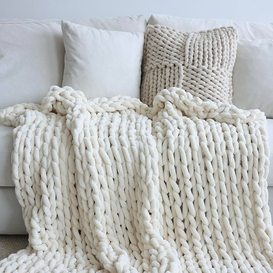 Chenille Chunky Knit Blanket Throw （50×60 Inch）, Handmade Warm & Cozy Blanket Couch, Bed, Ho... | Amazon (US)
