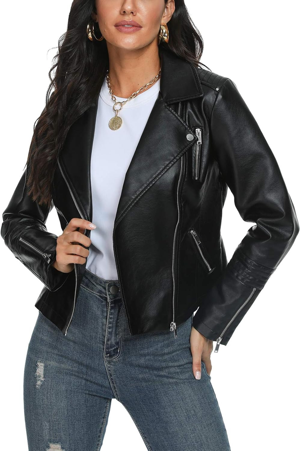 Fahsyee Women's Leather Jackets, Faux Motorcycle Plus Size Moto Biker Coat Short Lightweight Vegan P | Amazon (US)