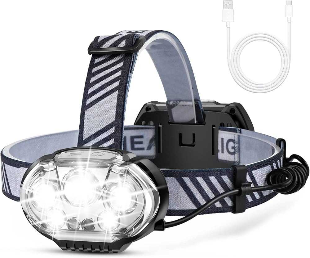 MIOISY Rechargeable Headlamp, 20000 High Lumen Bright 5 LED Head Lamp with Red White Light, IPX4 ... | Amazon (US)