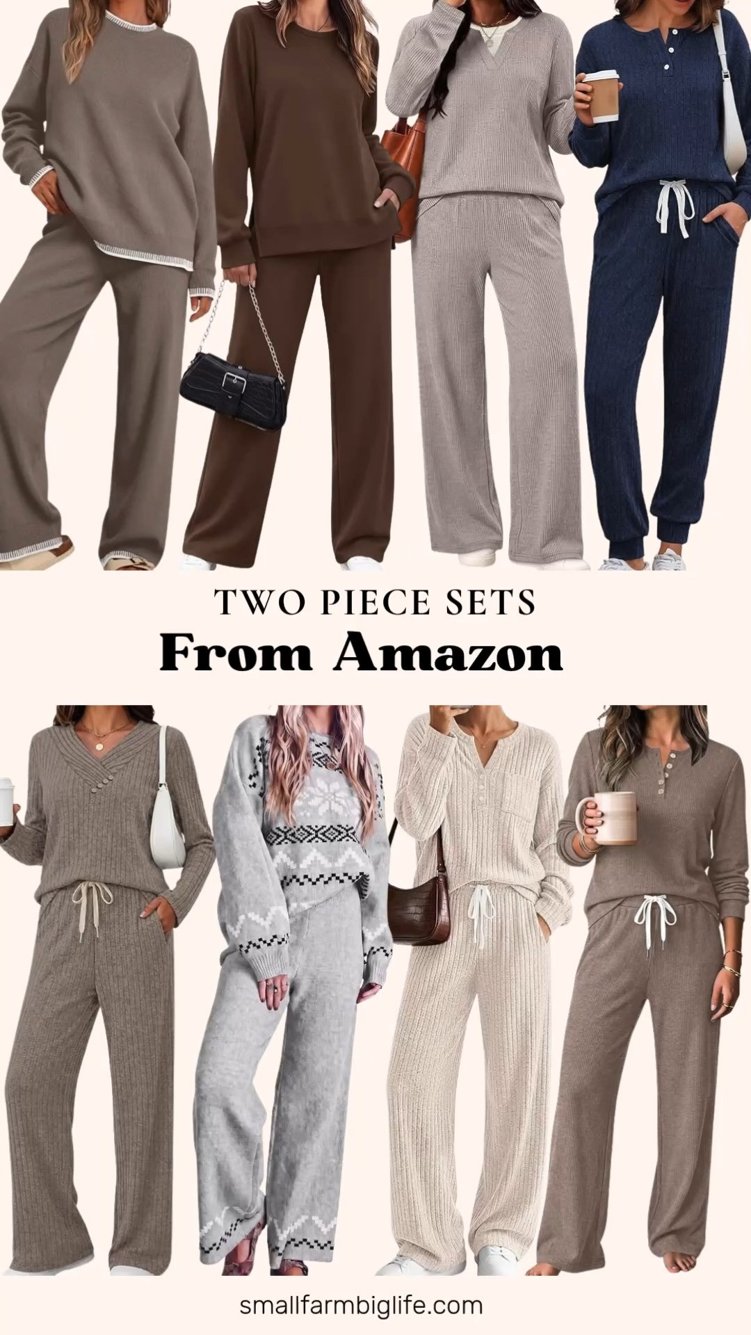 Two Piece Sets From Amazon 🍂 Matching two piece sets are the easiest way to look put together while feeling cozy, and these Amazon finds are perfect for fall. Choose from knit lounge sets with wide leg pants in coffee brown, beige, grey, mocha with contrast trim, and brown heather, plus a beige heather henley top and drawstring wide leg pant set. Prefer joggers? The navy blue knit henley set with jogger sweatpants is a comfy pick. Many of these sets have pockets and soft, lightweight fabric, so they're great for airport travel outfits, vacations, running errands, or relaxing at home on chilly fall days. Wear them together as a matching set, or mix the pieces with your favorite jeans and sweaters for even more fall outfits for women over 50 and beyond! 

 #amazonfashion #amazonfinds #twopieceset #loungewear #travelstyle #falloutfits #LTKootd #LTKActive #LTKOver40