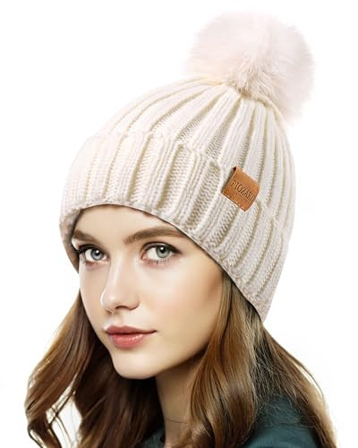 PIOZAED Womens Winter Beanie Hat Fleece Lined Warm Skull Cap with Faux Fur Pom Cuff Knitted Hat for Women White | Amazon (US)