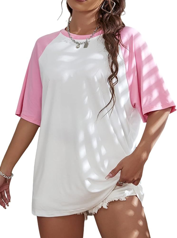 Verdusa Women's Casual Short Sleeve Colorblock Oversized Round Neck Tee Shirt Tops | Amazon (US)