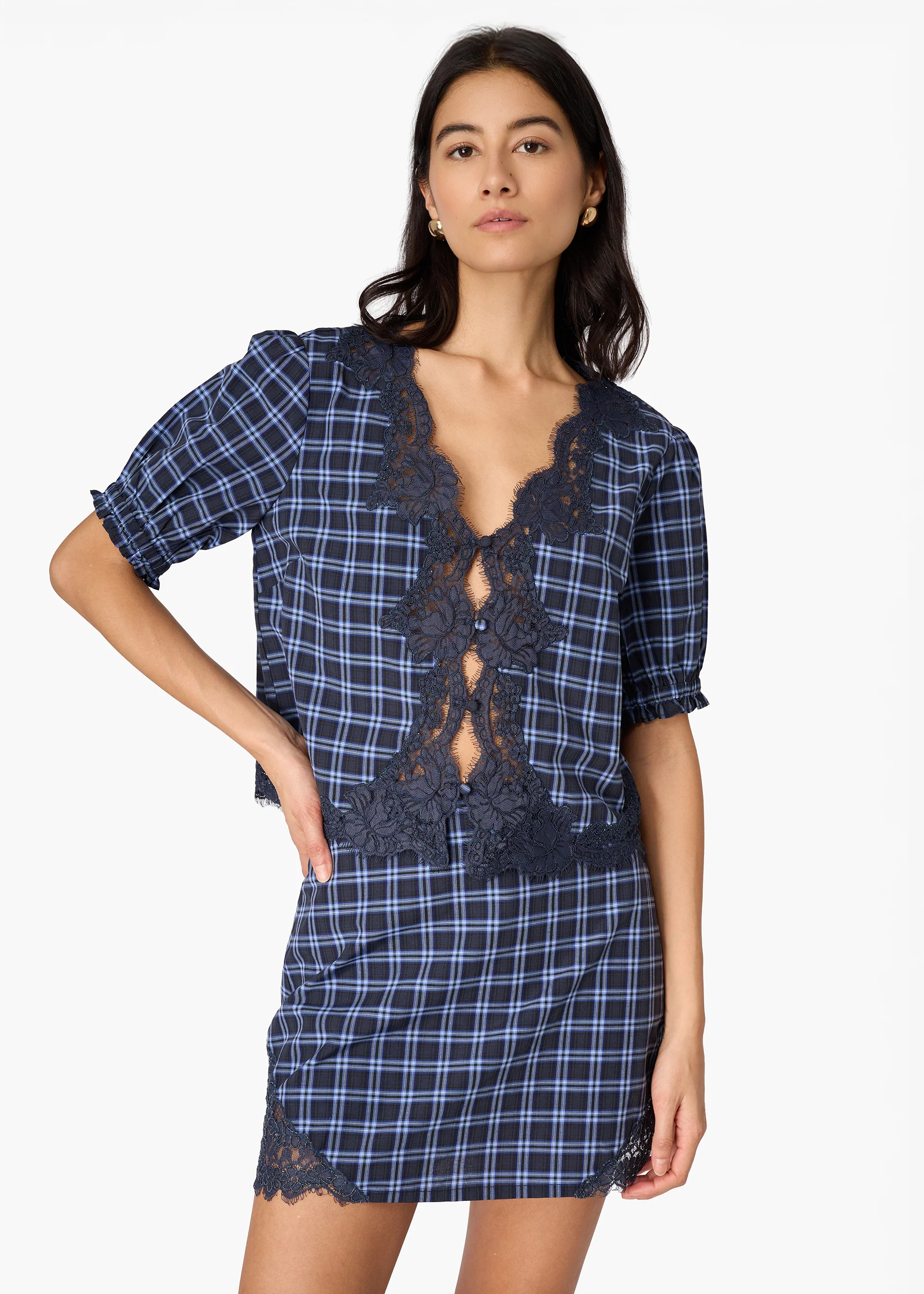 Junie Cotton Top Navy Plaid | CAMI NYC