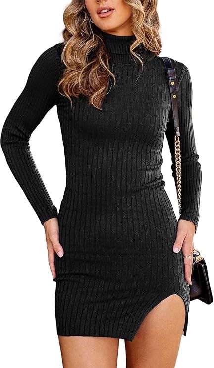 Womens Bodycon Cable Knit Sweater Dress Slim Fit Turtleneck Split Fall Winter Pullover Mini Dress... | Amazon (US)
