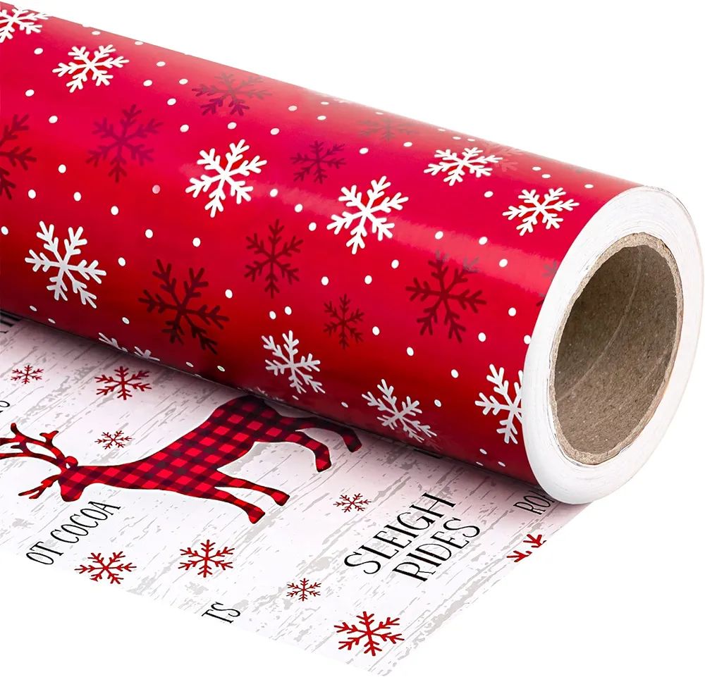 WRAPAHOLIC Reversible Christmas Wrapping Paper - Mini Roll - 17 Inch X 33 Feet - Red White Snowfl... | Amazon (US)