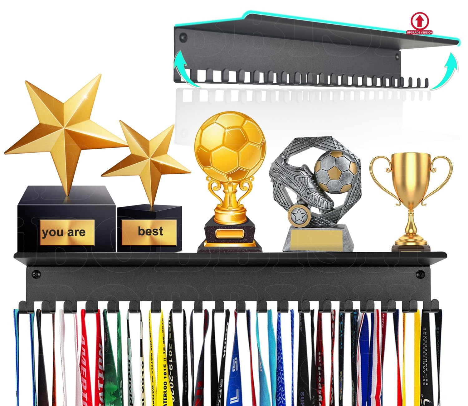 Metal Medal Hanger Display,Non-Slip Trophy Shelf with 20 Hooks,Wall Mount,Heavy Duty,Non-Bent,Hol... | Amazon (US)