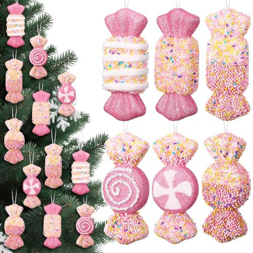 12pcs Christmas Pink Candy Ornaments 6'' Large Pastel Christmas Tree Decorations Candy Holiday Land Home Party Xmas Decor Gift | Amazon (US)