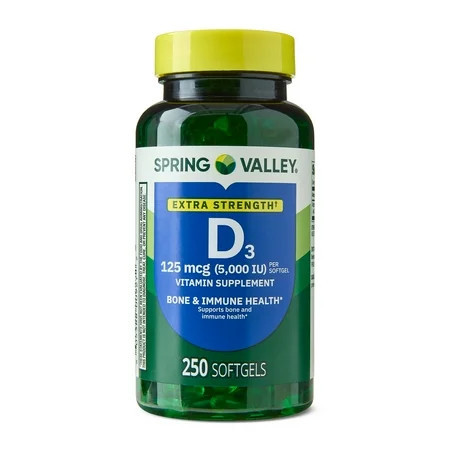 Spring Valley Extra Strength Vitamin D3 Supplement Softgels for Bone and Immune Health, 125 mcg (5000 IU), 250 Count | Walmart (US)