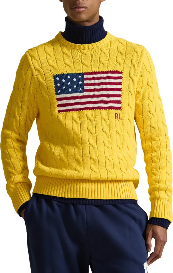 Flag Intarsia Cabled Cotton Crewneck Sweater | Nordstrom