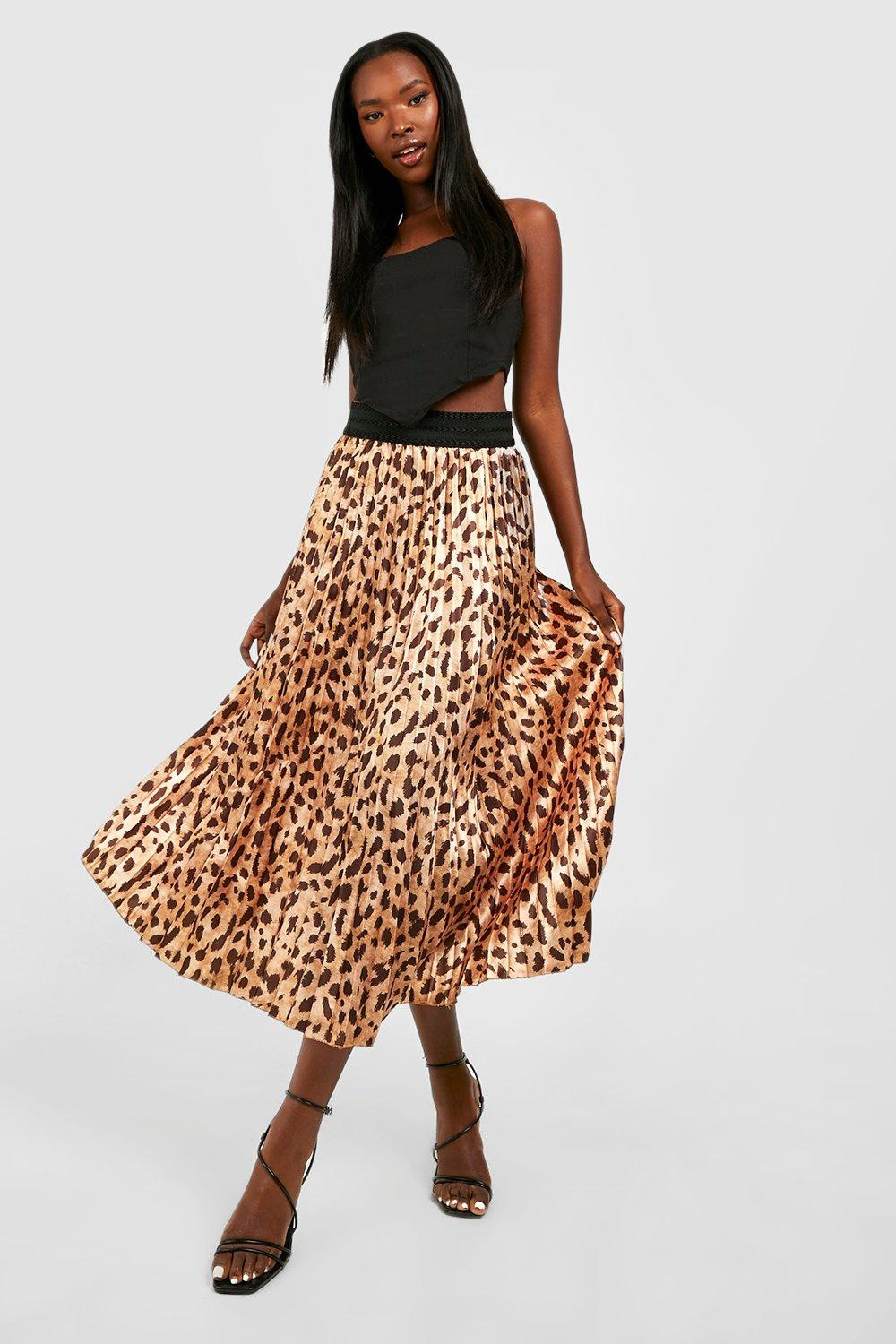 Womens Leopard Satin Pleated Midaxi Skirt - Beige - 6 | Boohoo.com (US & CA)