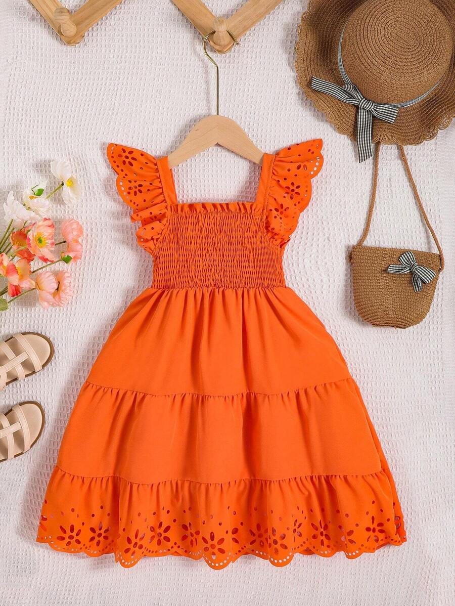 Young Girl Eyelet Embroidery Trim Ruffle Hem Dress Summer Holiday | SHEIN