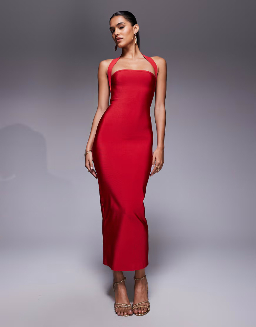 ASOS DESIGN bandage square neck halter midi dress in red | ASOS (Global)