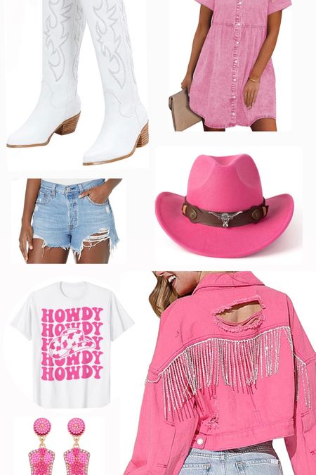 Cowgirl outfit! Nashville outfit, bachelorette weekends! Howdy tshirt! White cowboy boots! Denim jacket! Denim shorts! Denim dress! Cowboy boot earrings! Cowboy hat! Rodeo wear! 