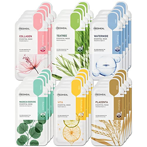 Mediheal Sheet Mask New Essential HERO 24 pack (Collagen, Tea Tree, Placenta, Madecassoside, Vita, Watermide) - Firming, Sebum Control, Soothing, Radiance, Hydrating Daily Facial Sheet Mask | Amazon (US)