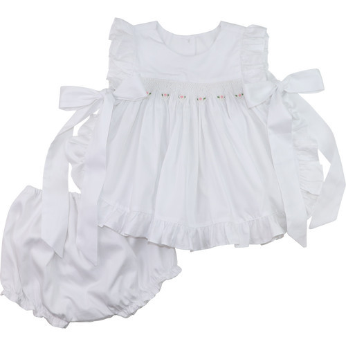 White Geometric Smocked Rosebud Diaper Set | Cecil and Lou