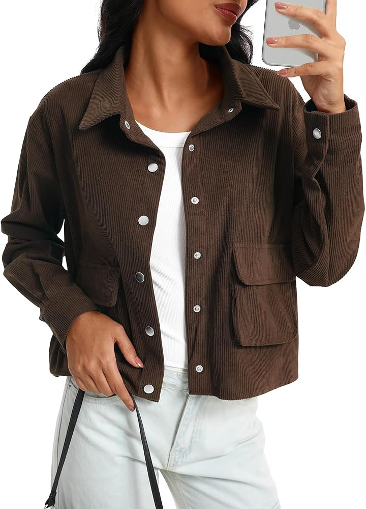 Beaully Womens Fashion Cropped Corduroy Shackets Button Down Jackets Tops Fall Trendy Long Sleeve... | Amazon (US)