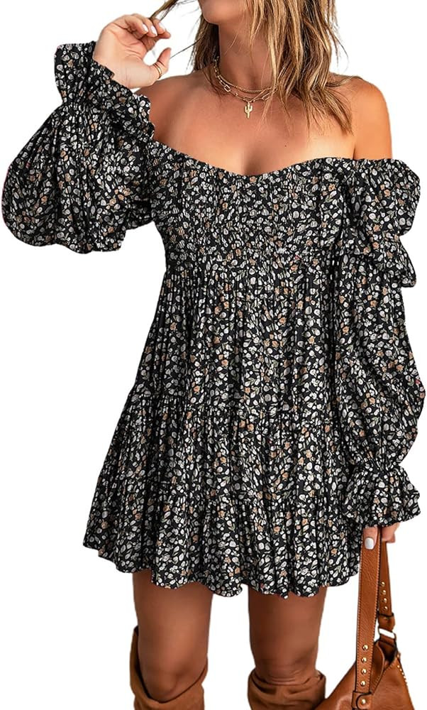 Dokotoo Womens 2024 Fall Dress Elegant Off The Shoulder V Neck Long Sleeve Ruffle Flowy Mini Shor... | Amazon (US)