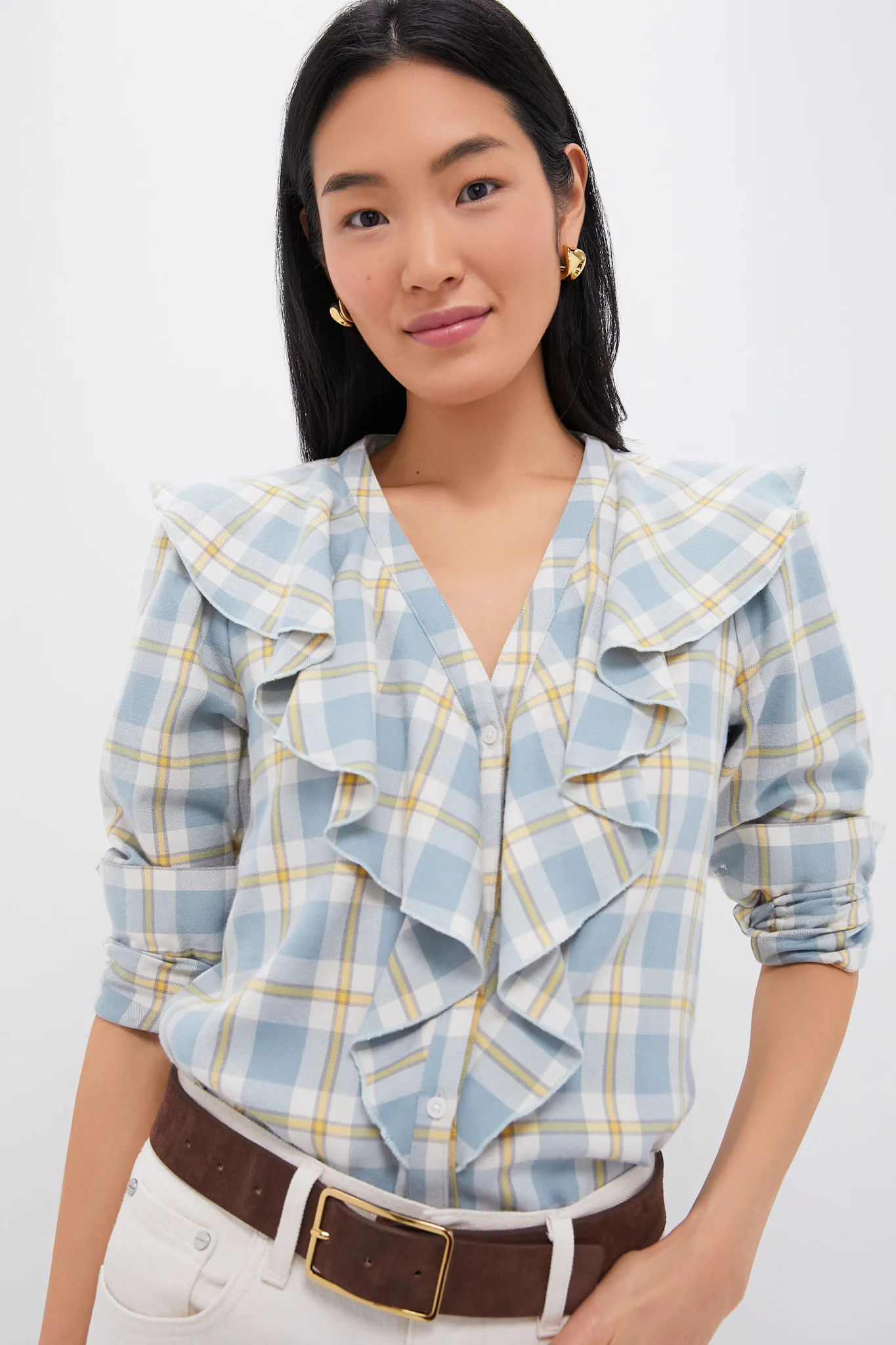 Blue Plaid V Neck Ruffle Eileen Button Down | Tuckernuck (US)