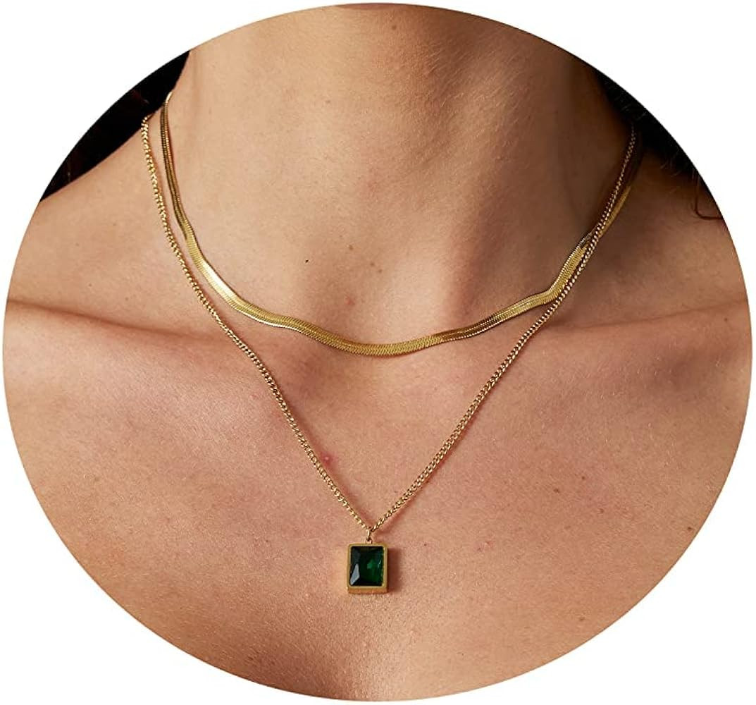 LEXODY 14K Gold Multi-layer Snake Chain Necklace Set Double Layer Snake Filled Herringbone Choker... | Amazon (US)