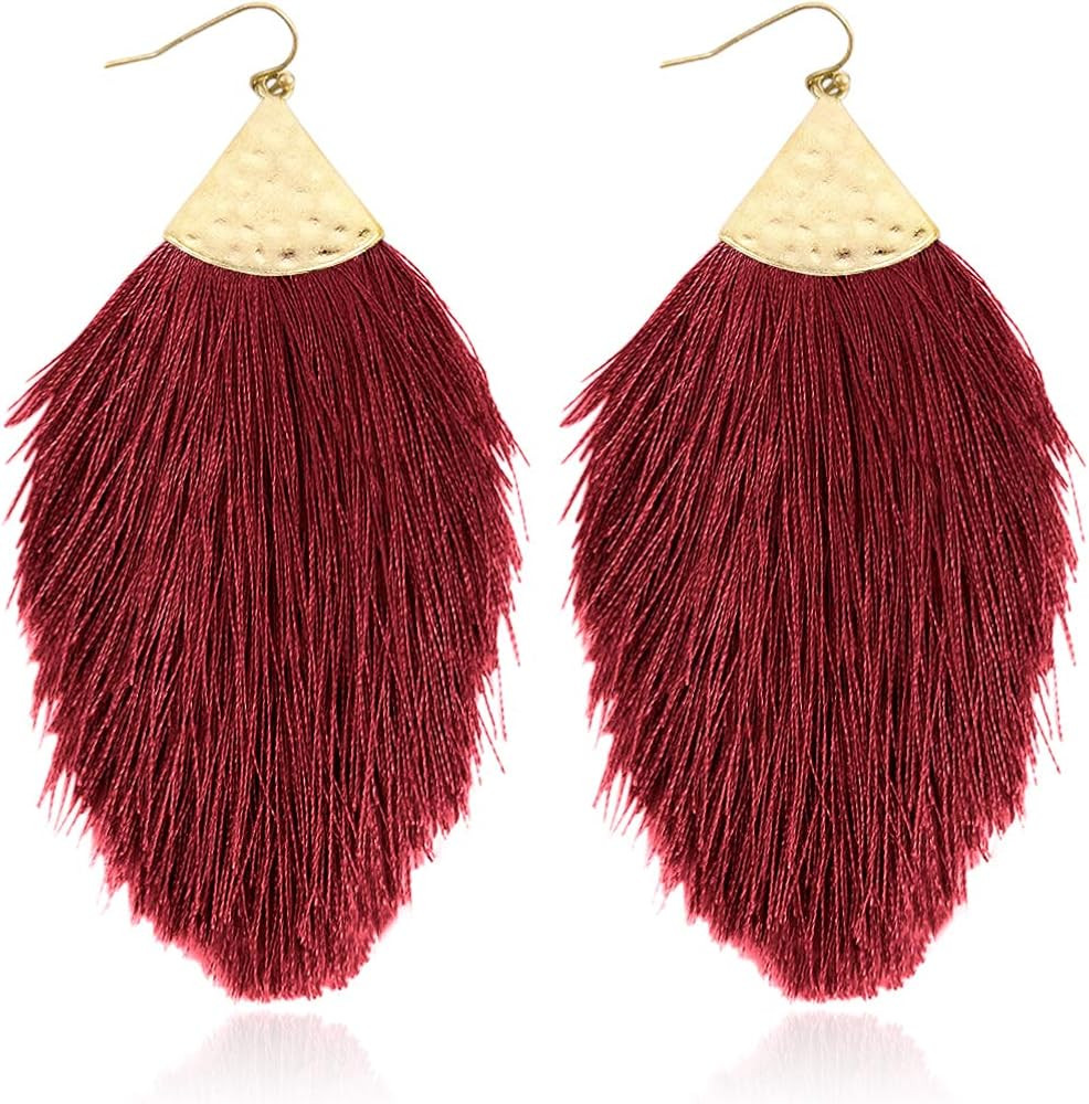 Bohemian Silky Thread Fan Fringe Tassel Statement Earrings - Lightweight Strand Feather Shape Dan... | Amazon (US)