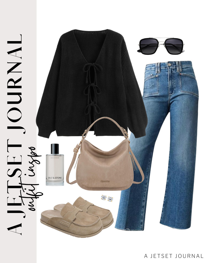 Your combo of Astylish wide-leg jeans worn with a black CIDER cardigan sweater is the last outfit in this collection. Style this fit with Project Cloud clogs and SOJOS polarized sunglasses. Finish the look with this Montana West bag and Salt & Stone Signature Duo. 

 #LTKSeasonal #LTKSaleAlert #LTKTravel