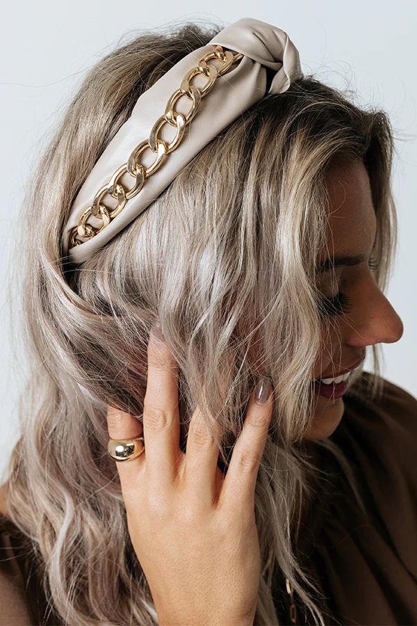 Please And Thanks Faux Leather Headband In Birch | Impressions Online Boutique