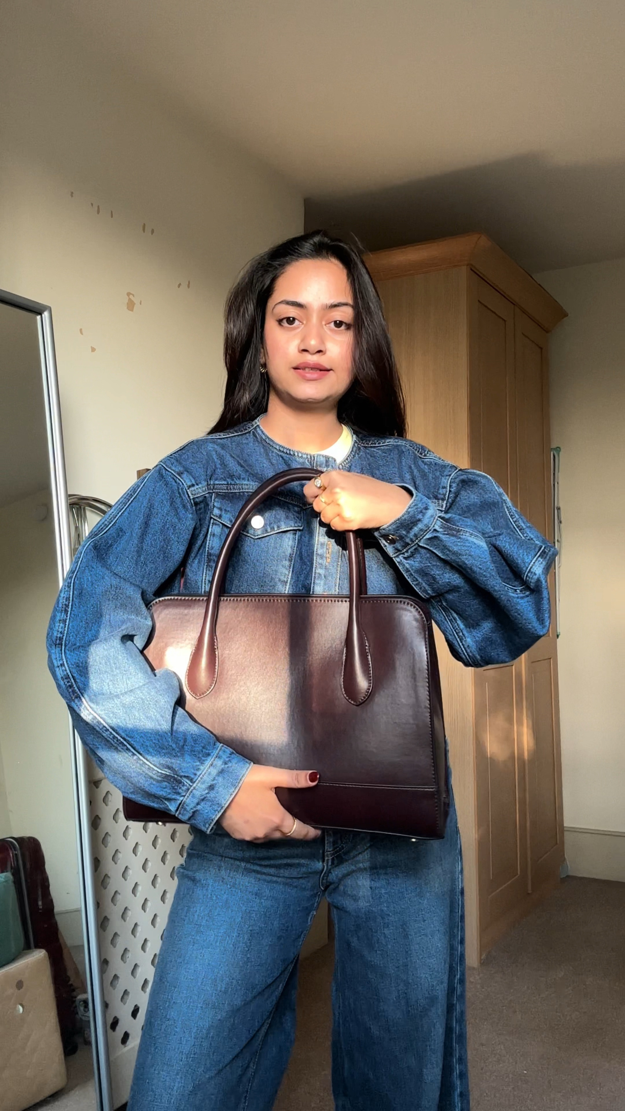 M&S Faux Leather Briefcase Bag, Aligne Denim Jacket, Wide Leg Jeans