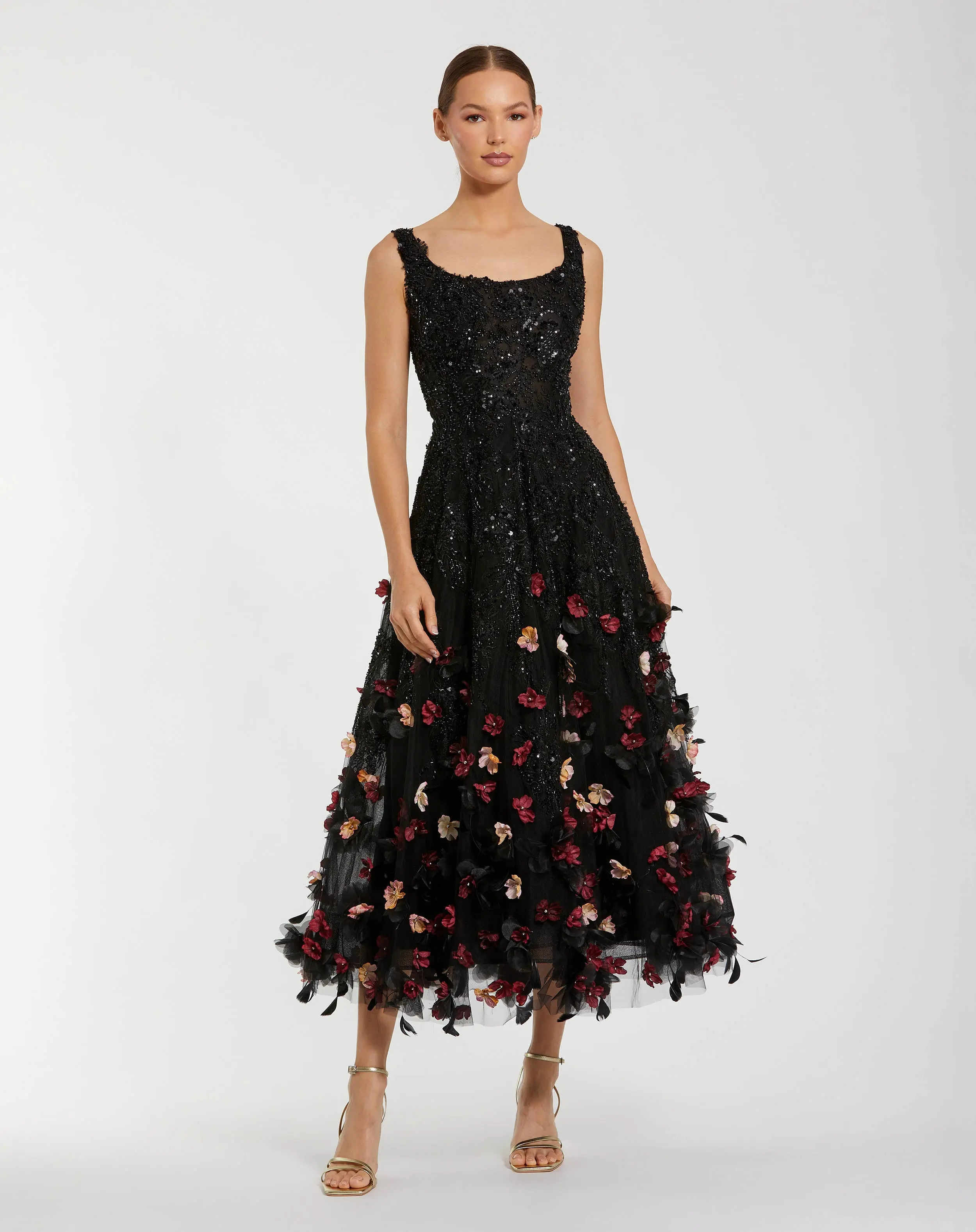 Black Sleeveless Beaded Midi Dress With 3D Flowers | Mac Duggal | Mac Duggal
