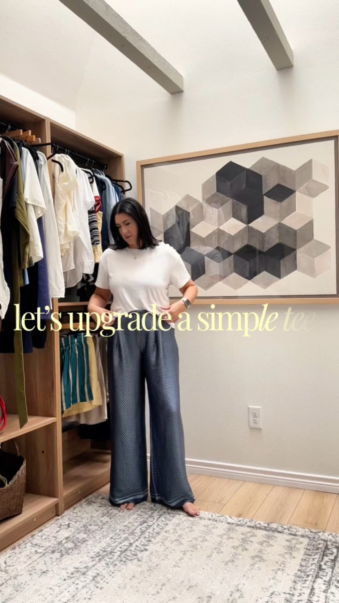 Pants @Splendid, tts fit with a relaxed waist. Size large.
Tee: tts, size medium 
Bag: @Quince