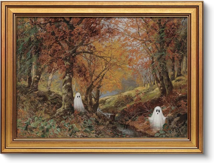 VIYYIEA Cute Ghost Halloween Wall Art 12x16 Inch Gold Framed Canvas, Vintage Autumn Forest Painti... | Amazon (US)