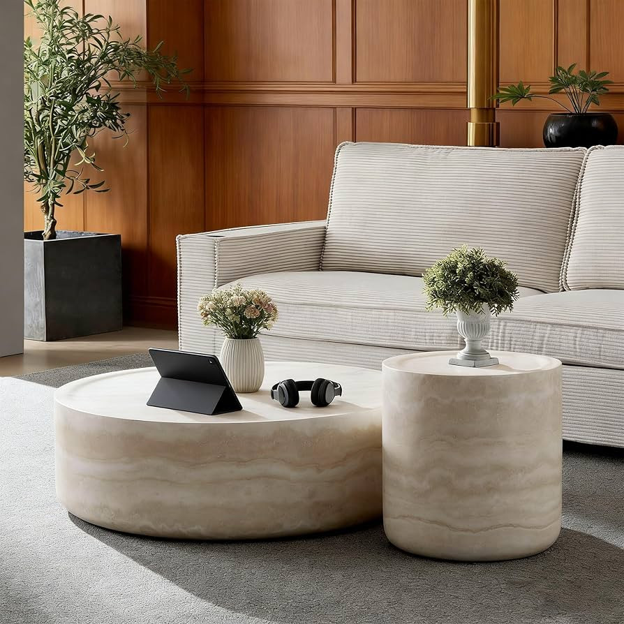 Round Coffee Table Set of 2 for Living Room, Modern Fiberglass Drum Center Table, Faux Marble Cir... | Amazon (US)