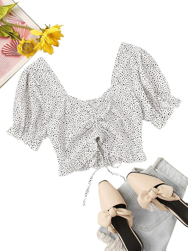 SweatyRocks Women's Floral Puff Short Sleeve Summer Square Neck Crop Blouse Tops | Amazon (US)