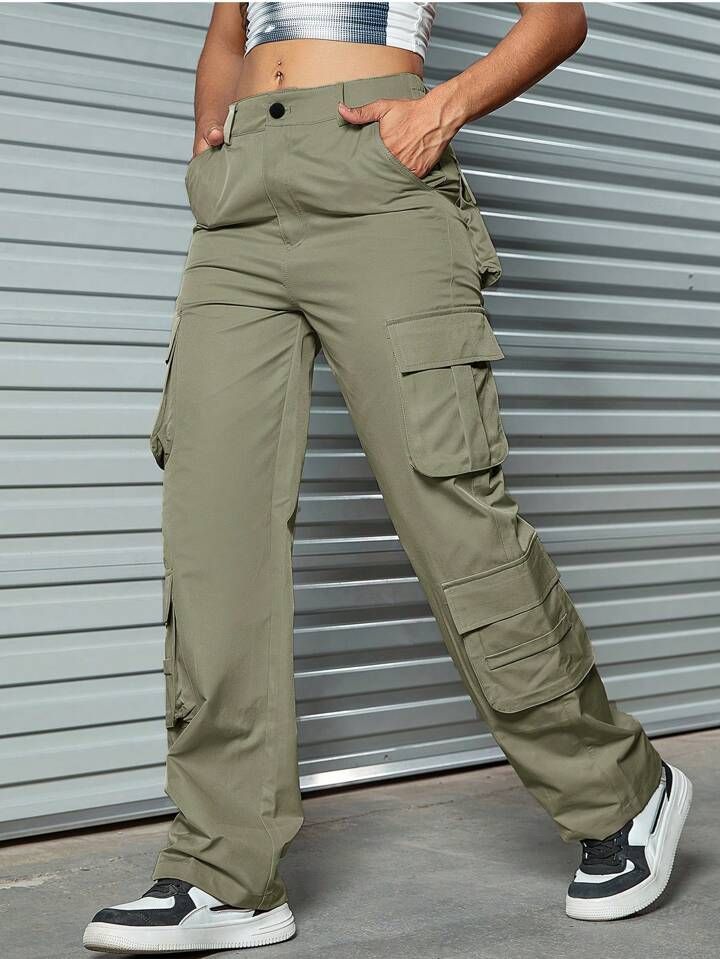 Street Solid Flap Pocket Side Straight Leg Loose Cargo Dancing Pants | SHEIN
