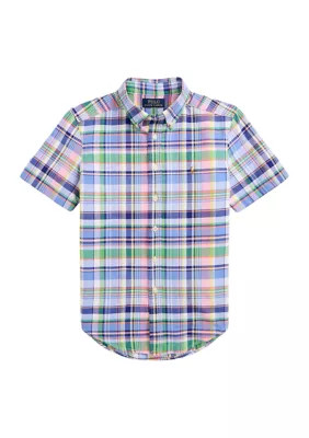 Boys 8-20 Plaid Cotton Oxford Short-Sleeve Shirt | Belk