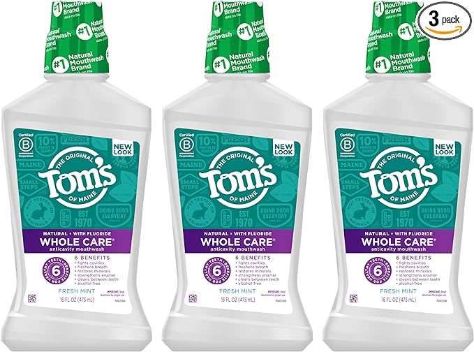 Tom's Of Maine Whole Care Natural Fluoride Mouthwash, Fresh Mint, 16 oz. 3-Pack (Packaging May Va... | Amazon (US)