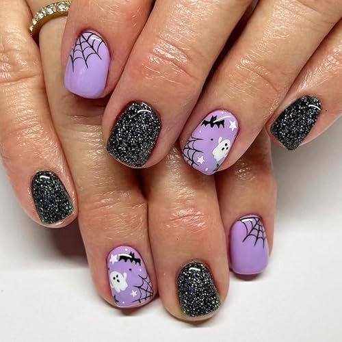 Halloween Press on Nails Short Square Fake Nails with Black Glitter Design Halloween Glue on Nails Full Cover Halloween Nails Stick on Nails for Women and Girls Halloween Nail Art Decoration 24Pcs | Amazon (US)