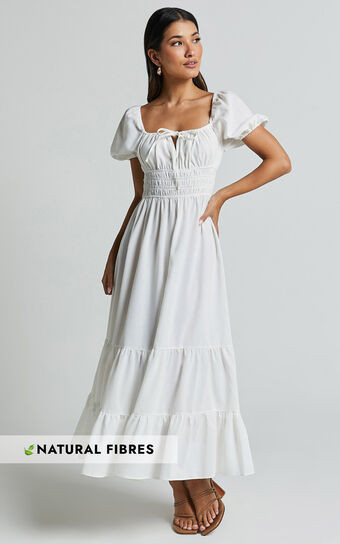 Claritza Midi Dress - Linen Look Short Puff Sleeve Square Neck Tiered Dress in White | Showpo (US, UK & Europe)
