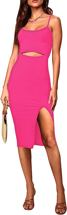 Pink Queen Women's Summer Spaghetti Strap Cutout Side Slit Ribbed Knee Length Bodycon Midi Dress | Amazon (US)