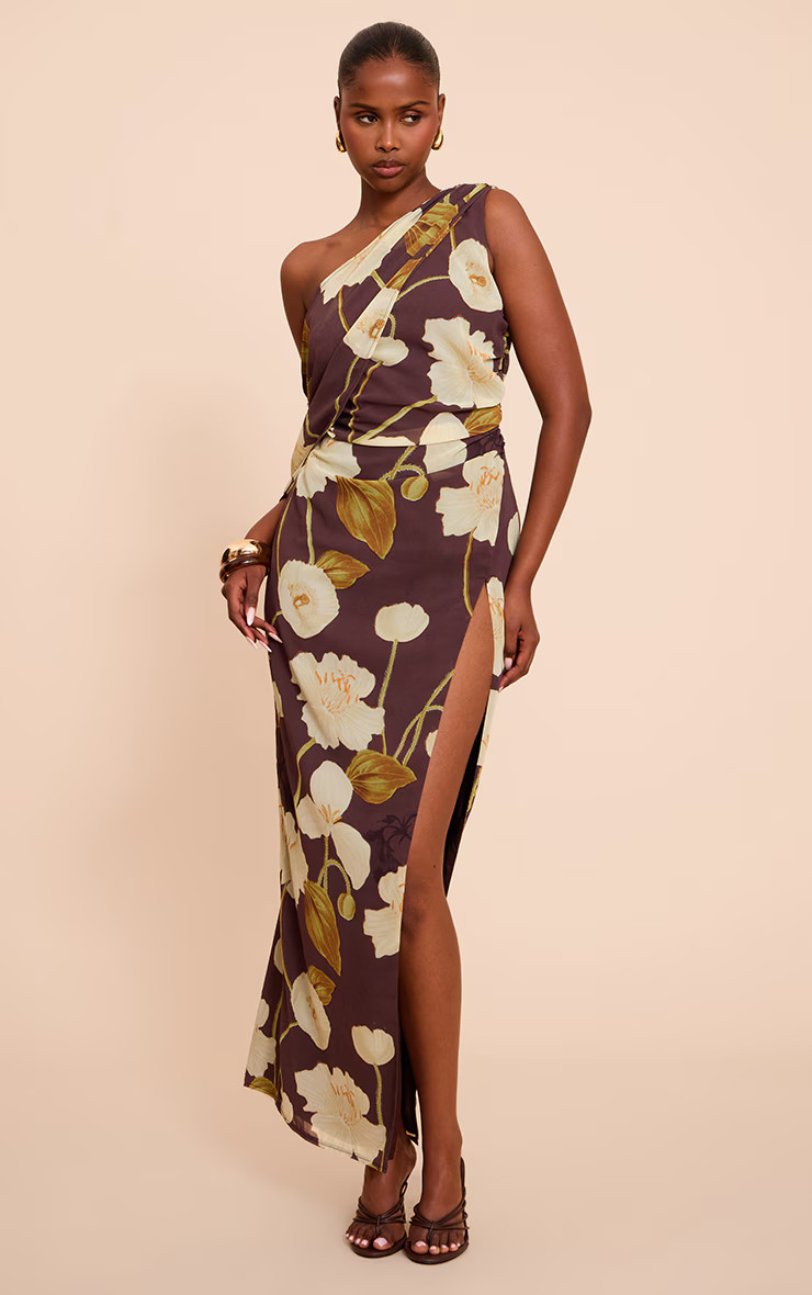 Chocolate Printed Chiffon Drape Detail Maxi Dress | PrettyLittleThing UK