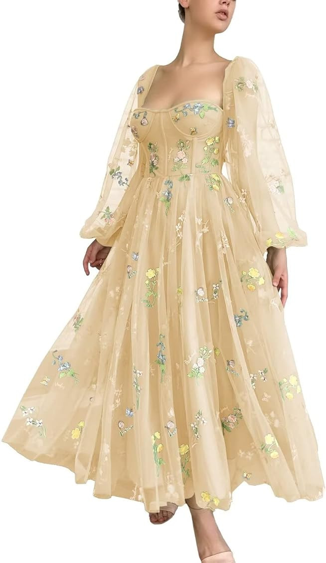 Smileven Women's Puffy Sleeve Prom Dresses Flower Embroidery Tulle Formal Evening Party Gowns | Amazon (US)