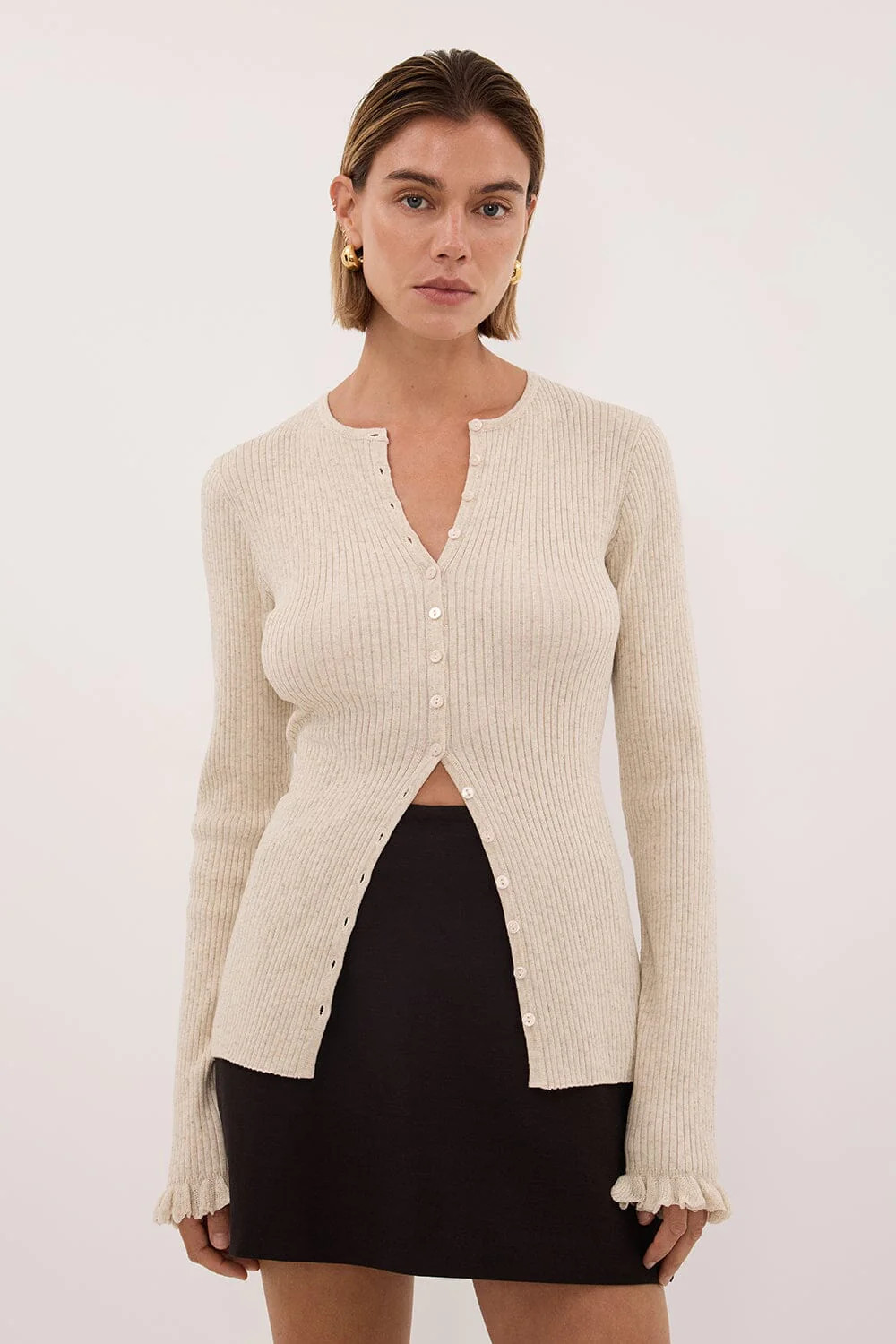KAIA NATURAL RUFFLE KNIT CARDIGAN | DISSH