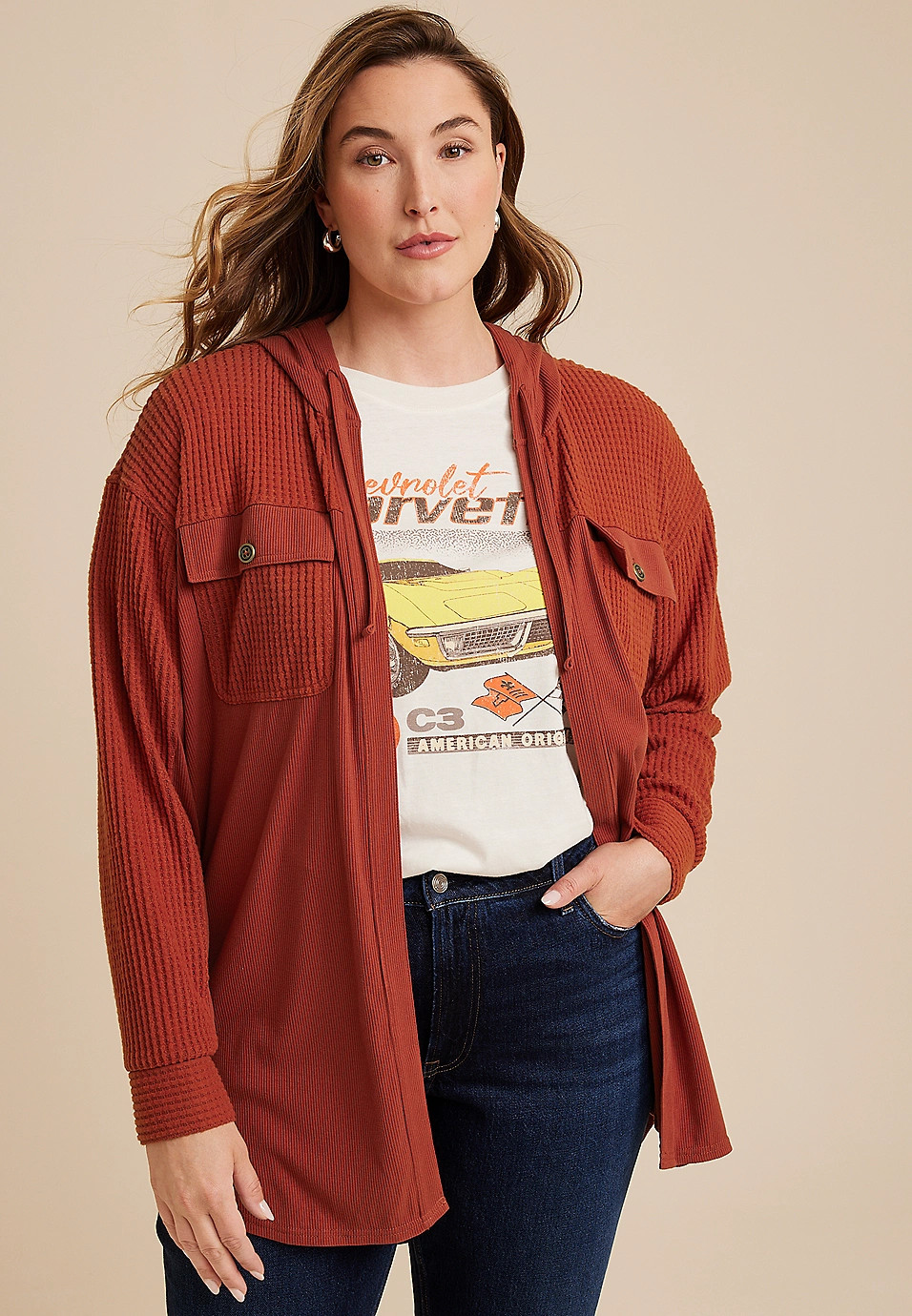 Plus Size Hooded Waffle Cardigan | Maurices