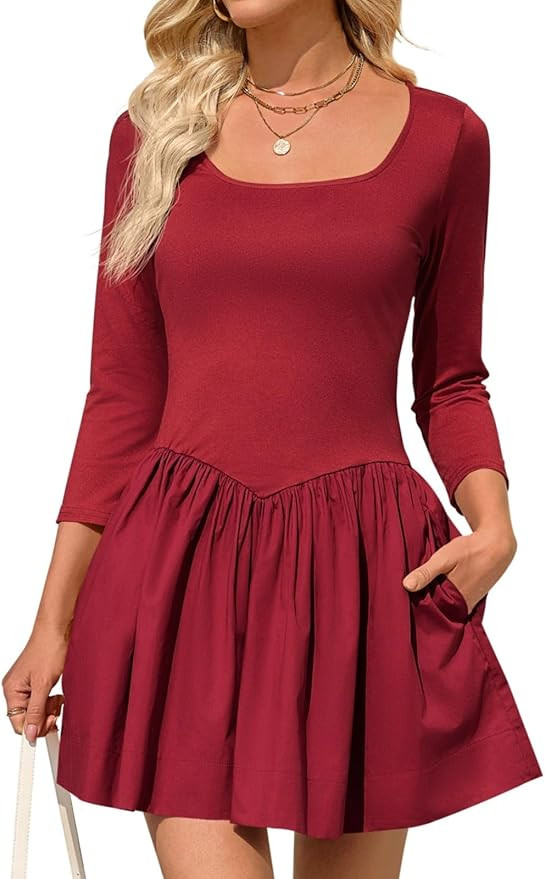 Wenrine Womens Square Neck Mini Dress Casual Patchwork Slim Long Sleeve Ruffle Summer Short Dress... | Amazon (US)