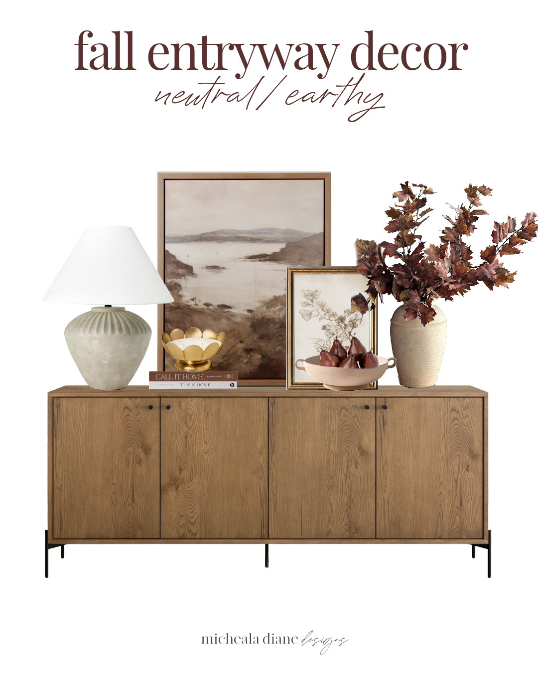 Neutral Fall Entryway Decor. Faux fall stems, table lamp, large neutral art, brown pears, fall candle 

 #LTKSeasonal #LTKHome