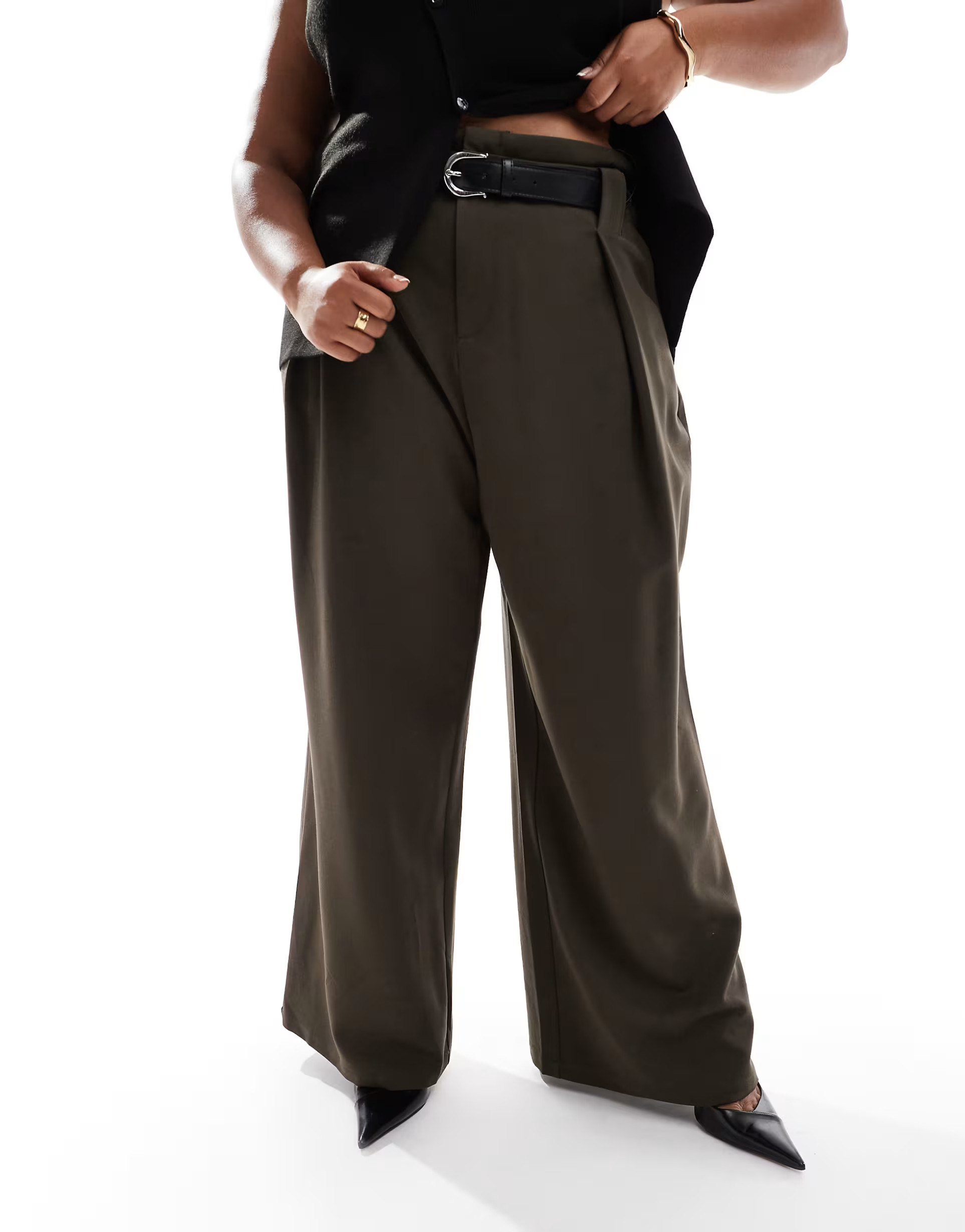 ASOS DESIGN Curve tailored super wide leg belted pants in olive | ASOS (Global)