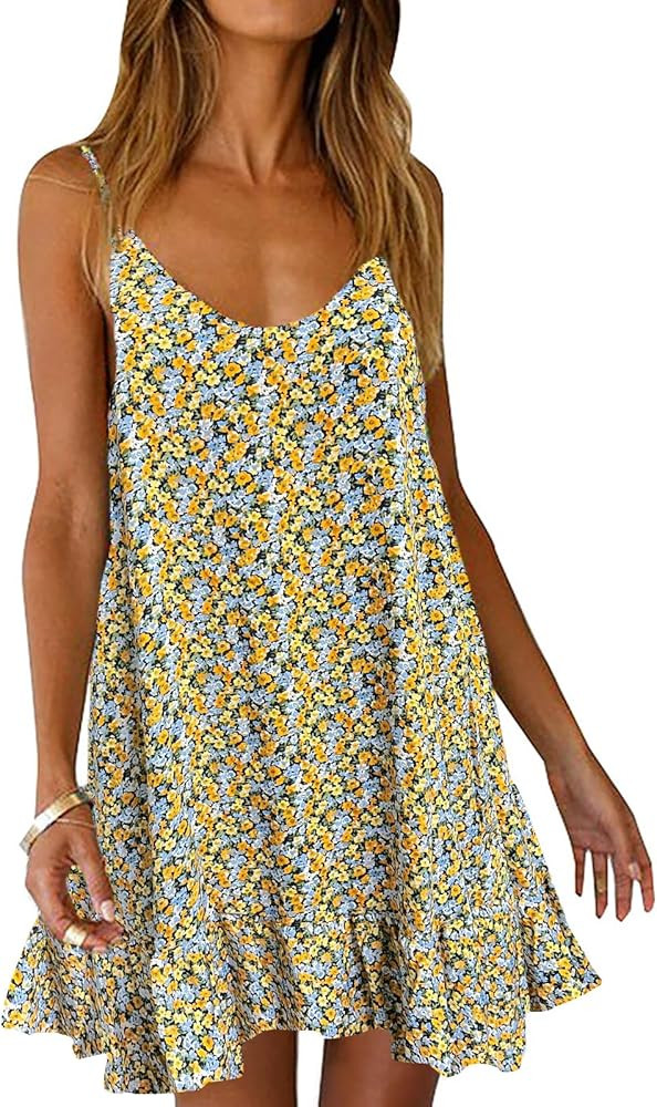 Qearal Womens Boho Floral Printed Dress Summer Sleeveless Adjustable Strap Beach Mini Dress with ... | Amazon (US)