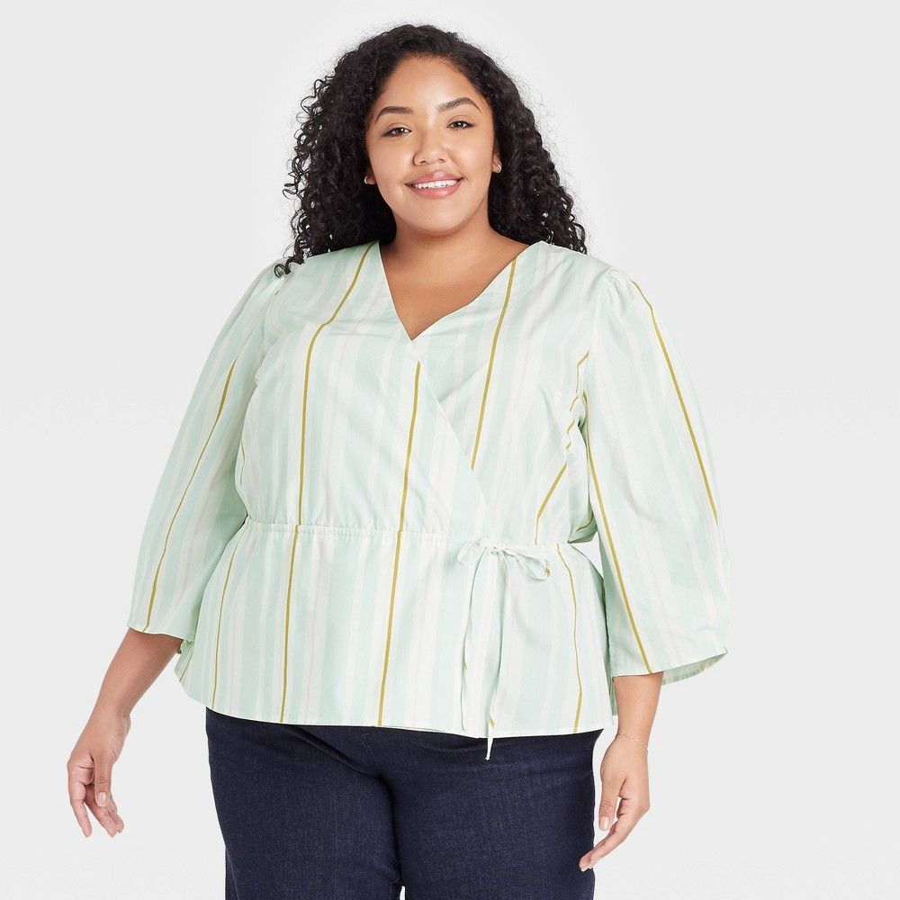 Women's Plus Size Striped 3/4 Sleeve Wrap Top - A New Day Mint Green 4X | Target