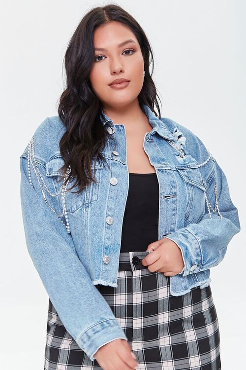 Plus Size Faux Pearl Distressed Denim Jacket | Forever 21 (US)