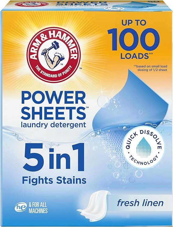 Arm & Hammer Power Sheets Laundry Detergent, Fresh Linen 50ct, up to 100 Small Loads (Packaging m... | Amazon (US)